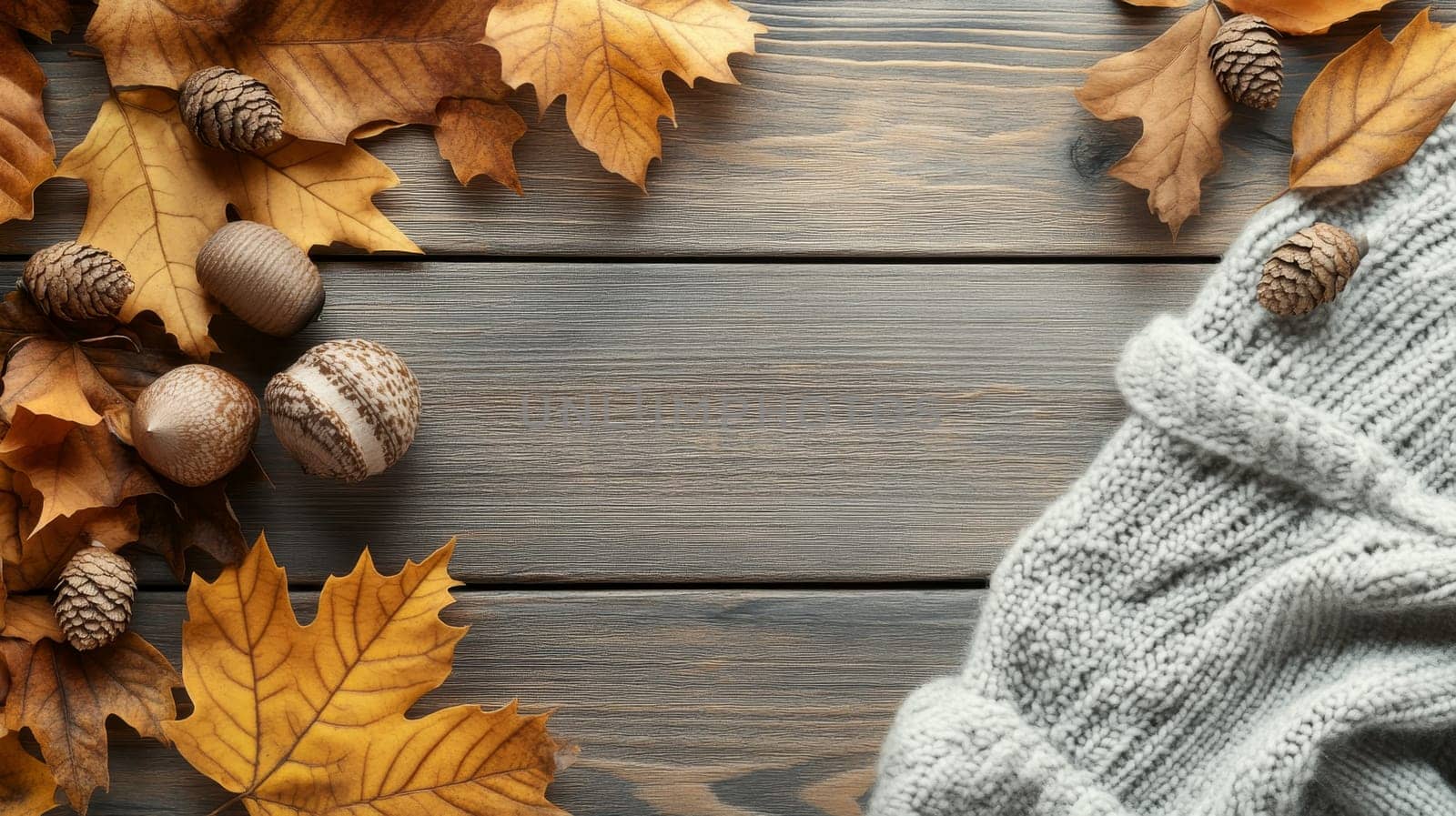 Colorful fall leaves, acorns, pine cones and cozy knit sweater arranged on rustic wooden surface, perfect for autumn season concept.