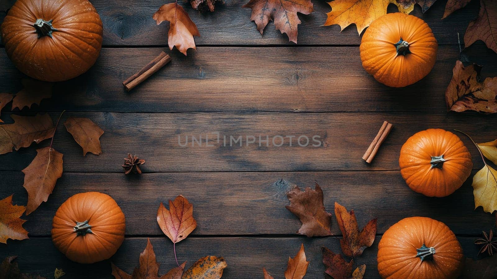 Decorative pumpkins surrounded by colorful fall leaves on wooden background, creating a cozy autumn atmosphere with copy space.