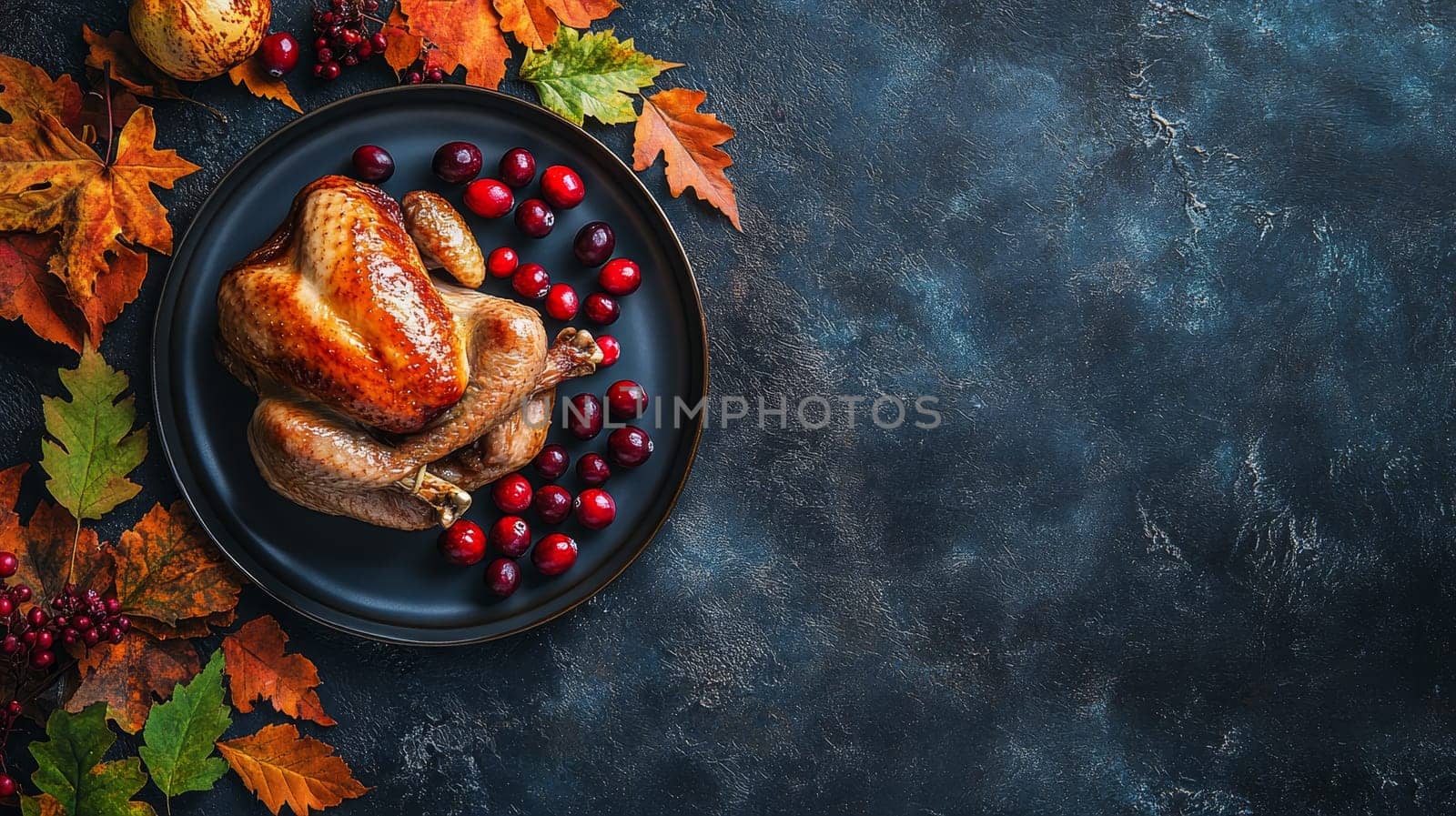 Roasted turkey on a black plate with cranberries, surrounded by colorful autumn leaves on a dark rustic background with copy space.