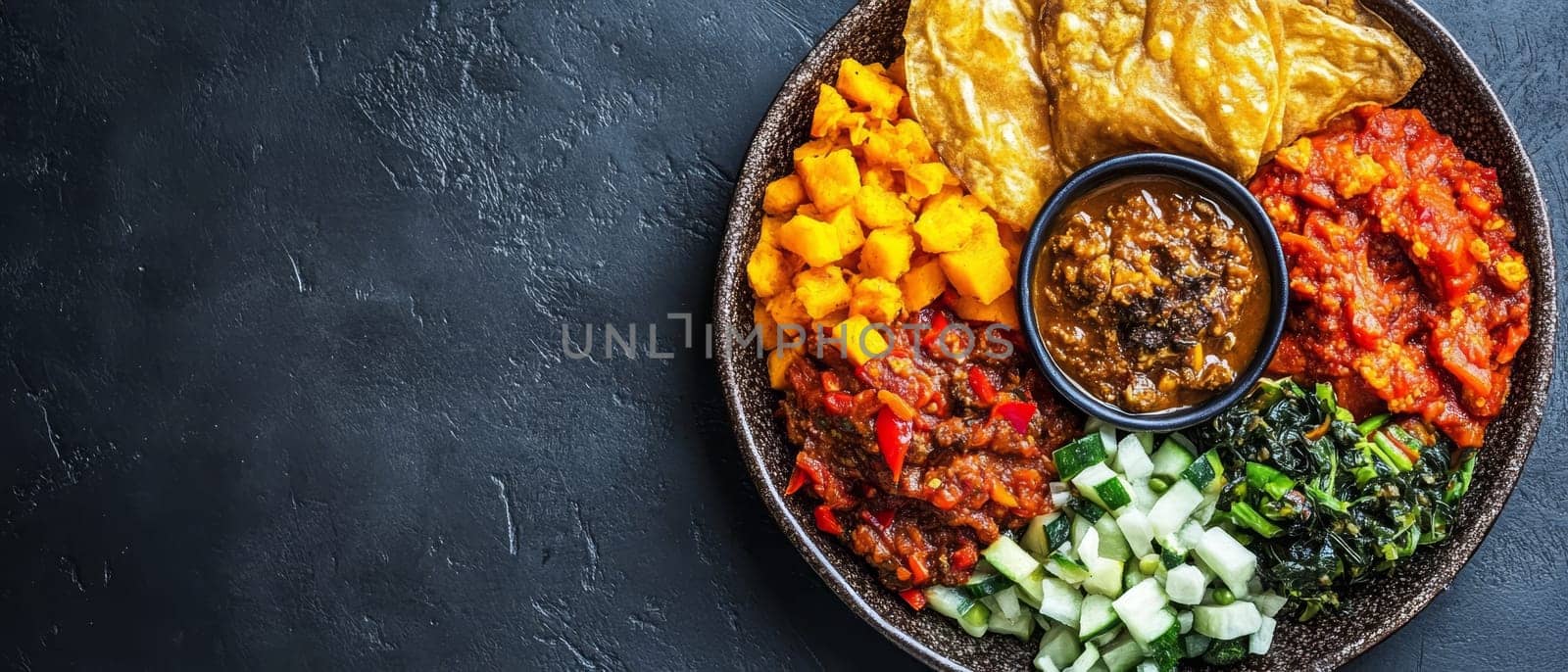 A vibrant Ethiopian feast featuring various vegetable and meat dishes served on traditional injera bread, showcasing the rich colors and textures of the cuisine.