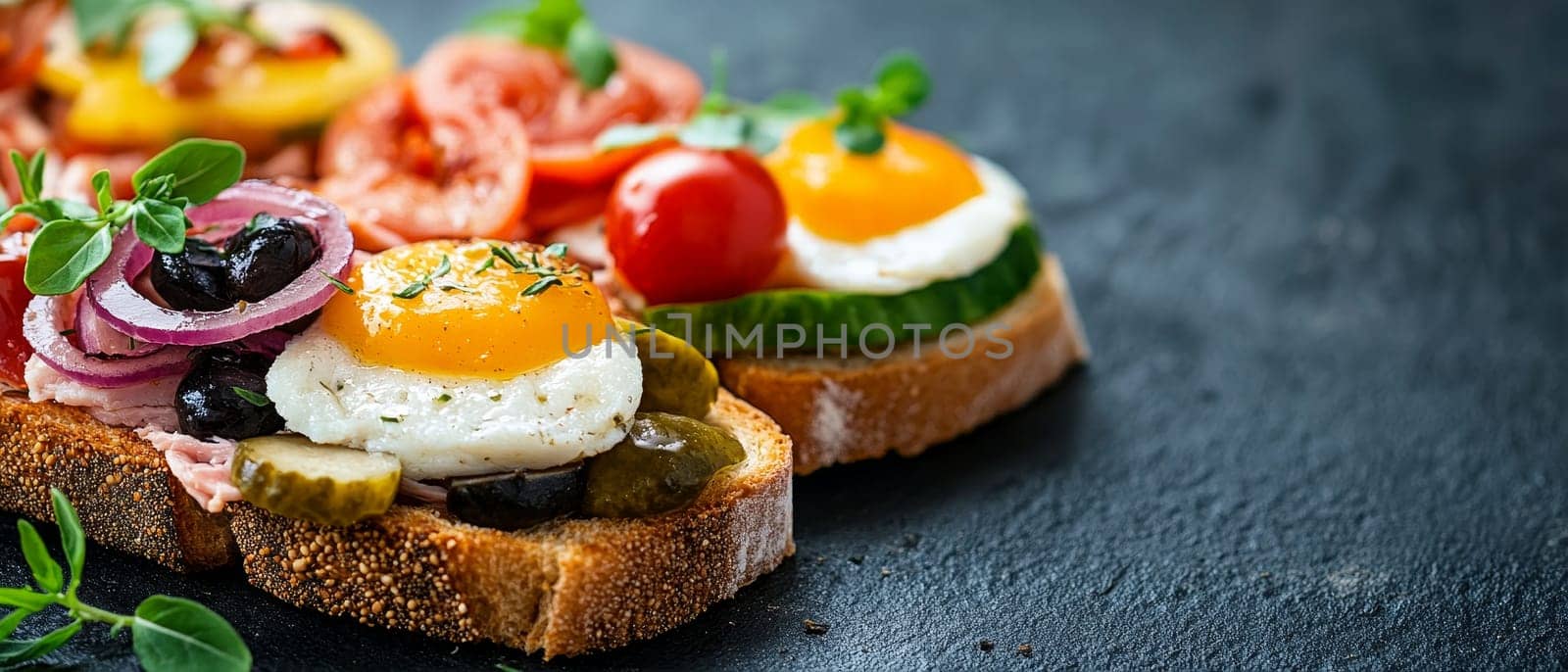 Artisanal open faced sandwiches topped with fried eggs, fresh vegetables, and herbs on rustic bread, showcasing vibrant colors and textures on a dark slate background.