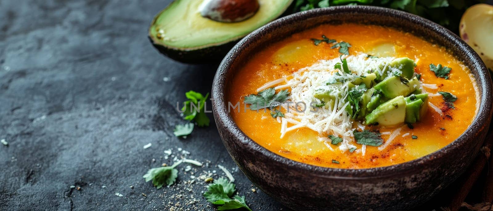 A bowl of rich pumpkin soup garnished with avocado, grated cheese, and fresh herbs, served with a halved avocado on a dark textured background.