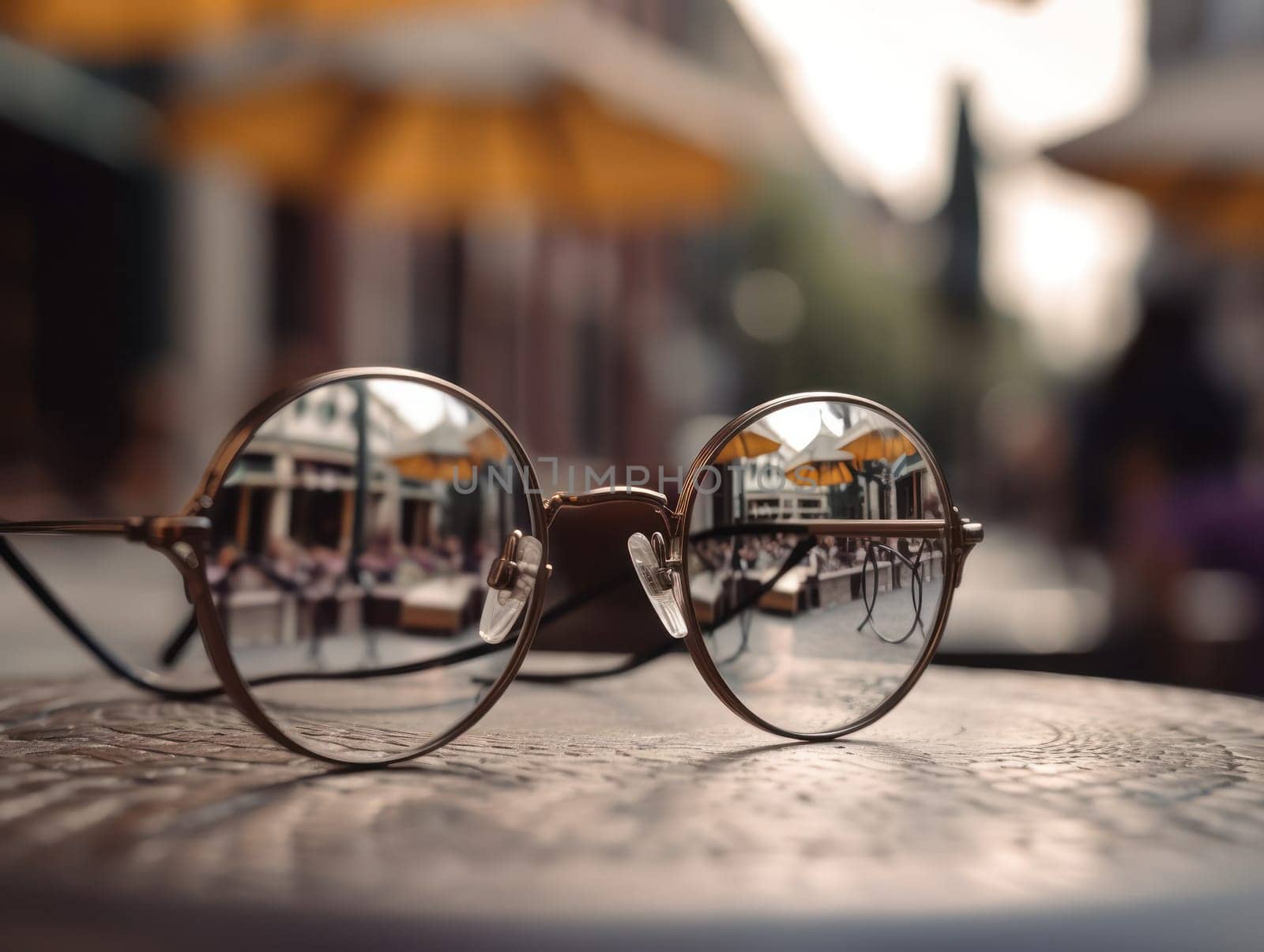 Classic round shaped glasses with diopters on a wooden table in a street cafe on a blurred background of the street. Generative AI