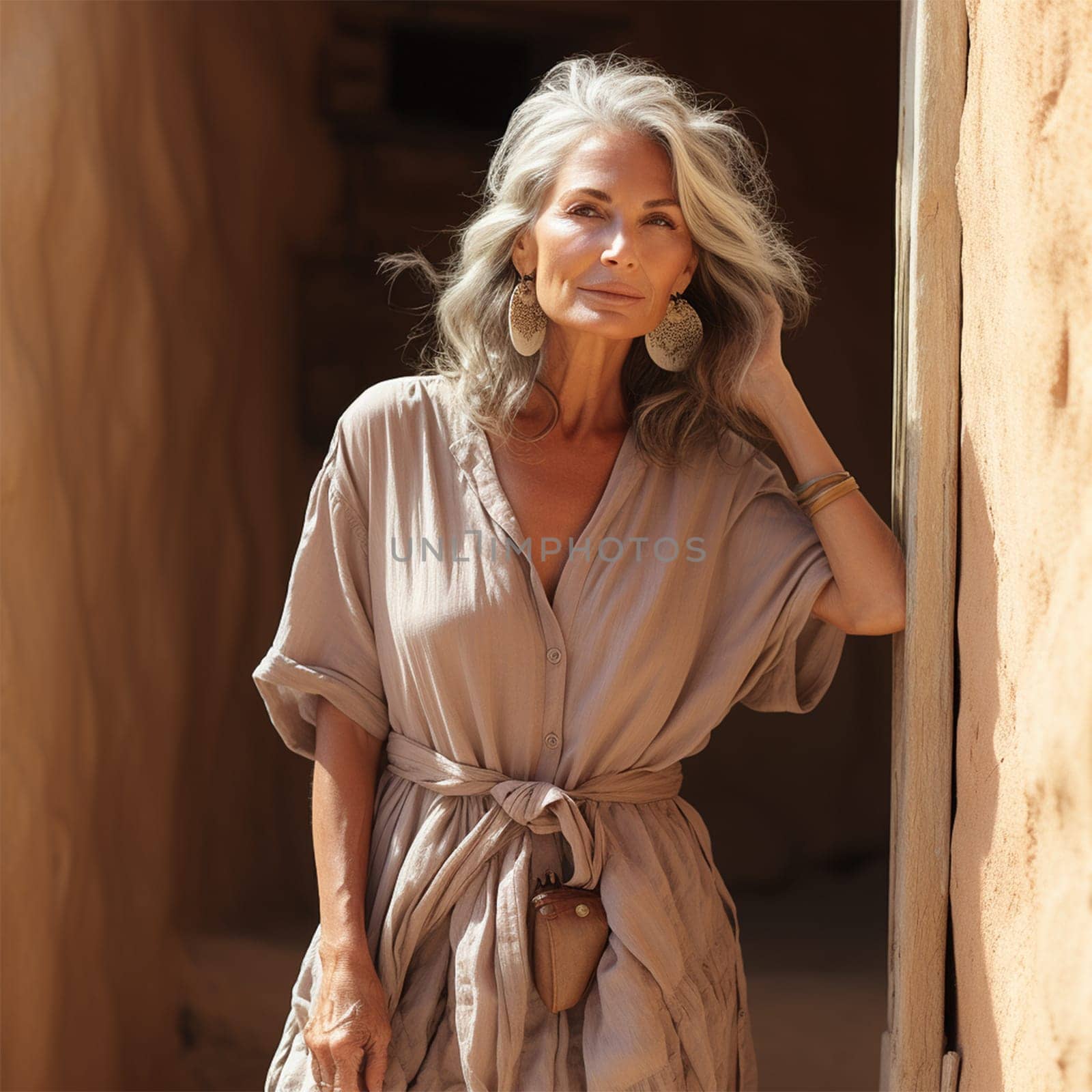 Beautiful gray-haired elderly woman in a light dress on the street in Morocco.