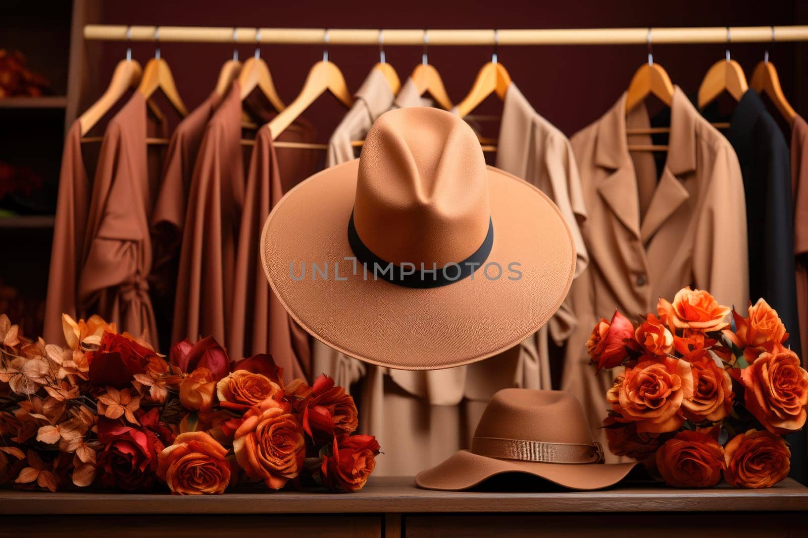 Stylish hats in a boutique on the background of stylish clothes. seasonal collection .Fashion modern store, small business concept.