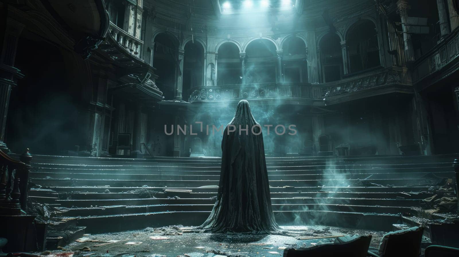 A black ghost hovers in the center of the stage of a broken theater. The hall is dark, the only source of light is the moonbeams penetrating through the window above.