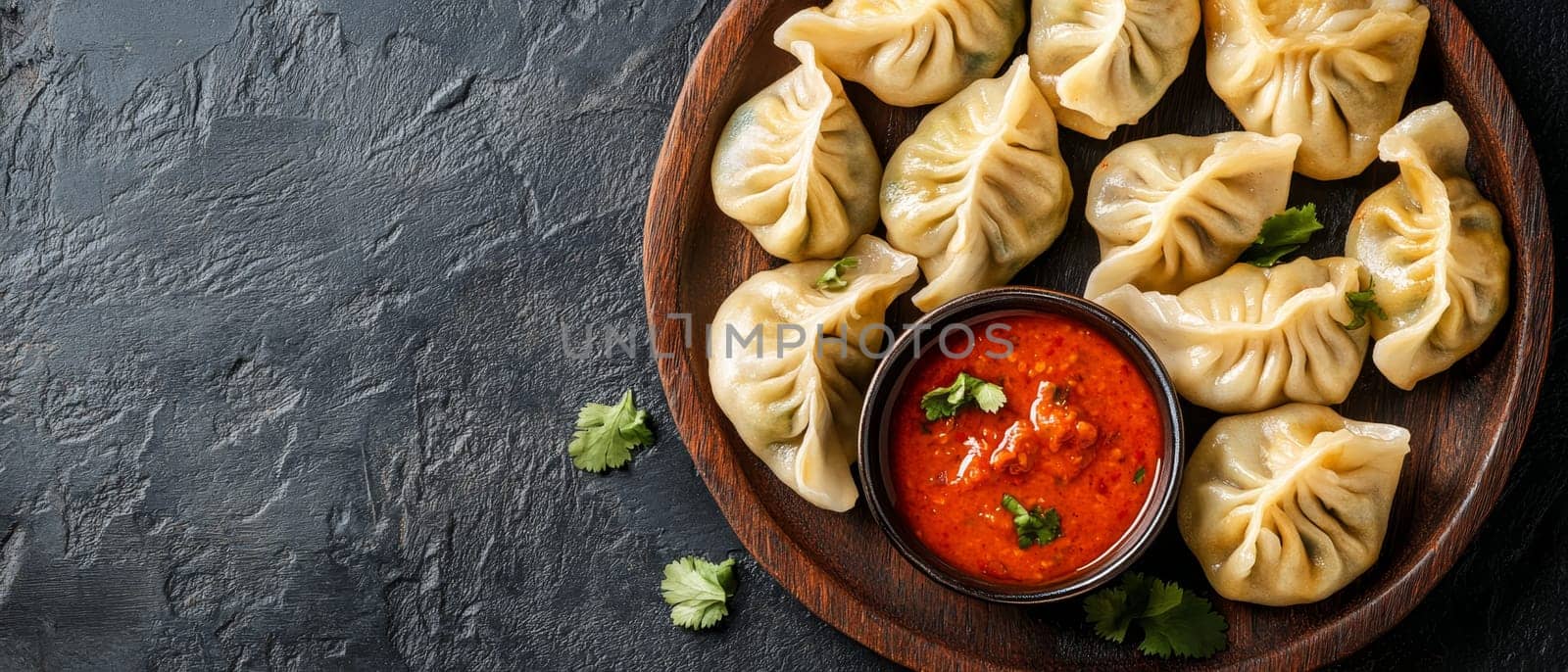 Plate of freshly steamed dumplings served with a vibrant red spicy dipping sauce, showcasing Asian culinary artistry on a rustic wooden background.