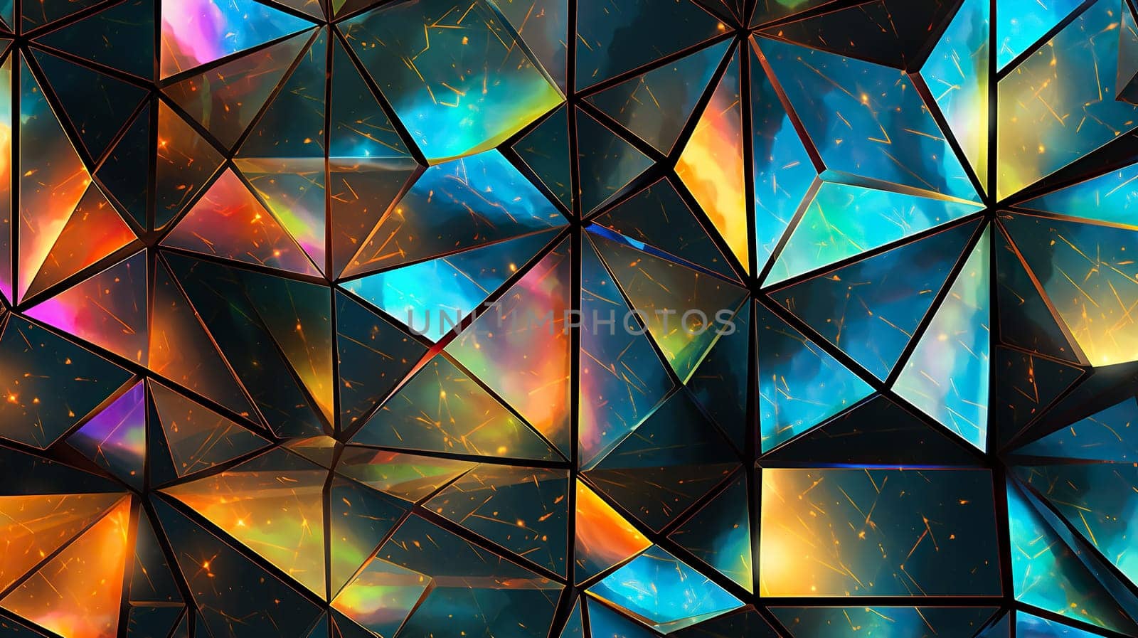 Colorful abstract stained glass window. A bright and colorful stained glass window with an abstract pattern of geometric shapes in shades of yellow, blue and purple with golden highlights.