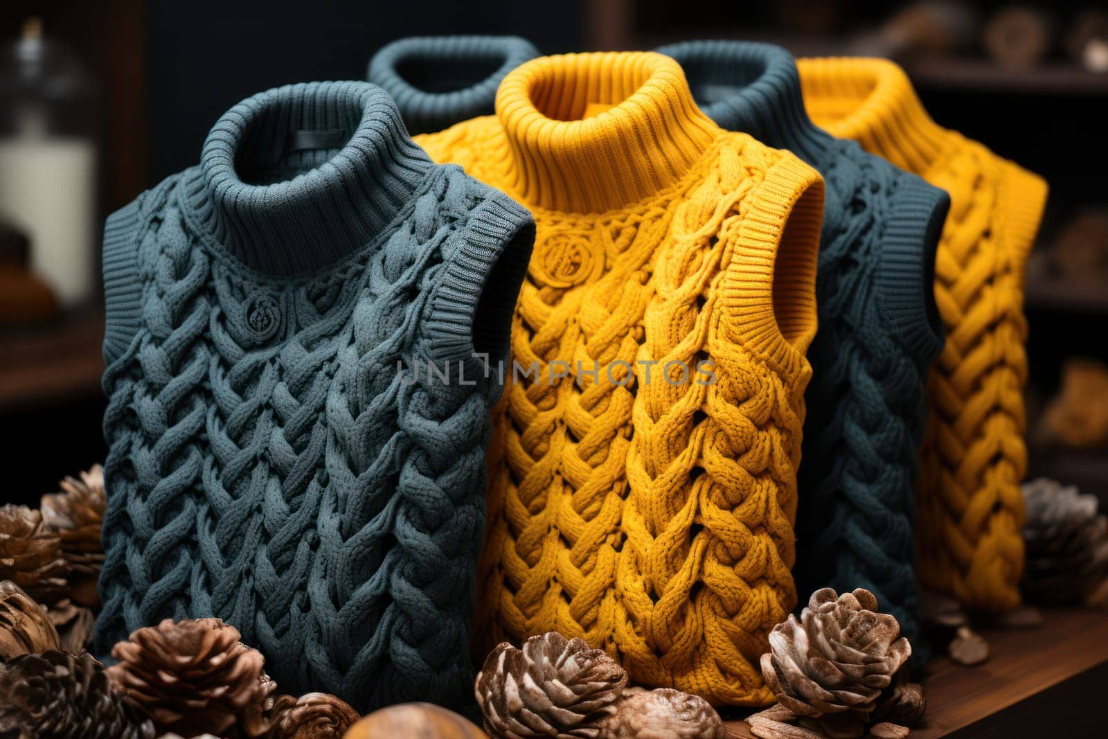 Knitwear for men on a wooden background.Showcase in a store with a presentation of knitwear. photo