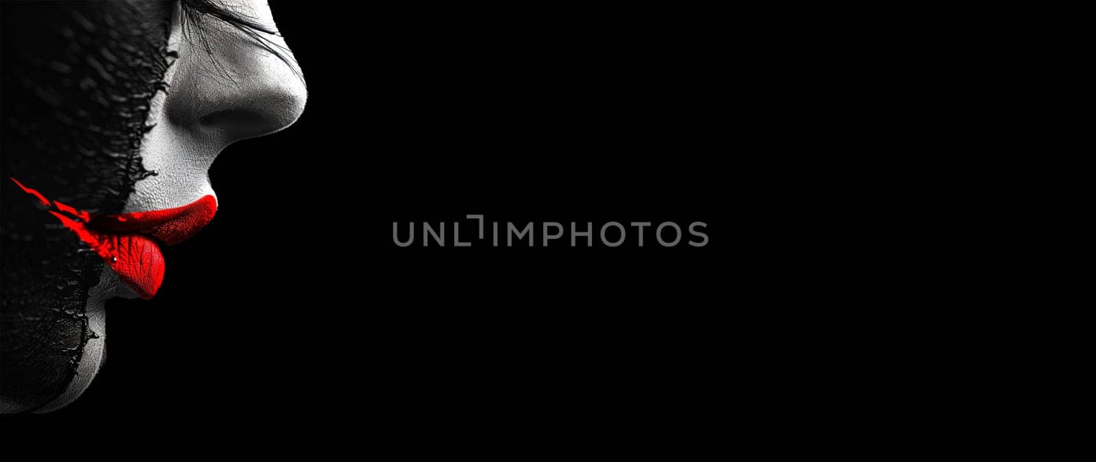 Side profile of a black and white face with a bold red accent on the lips on a black background that exudes mystery and drama.banner,copy space