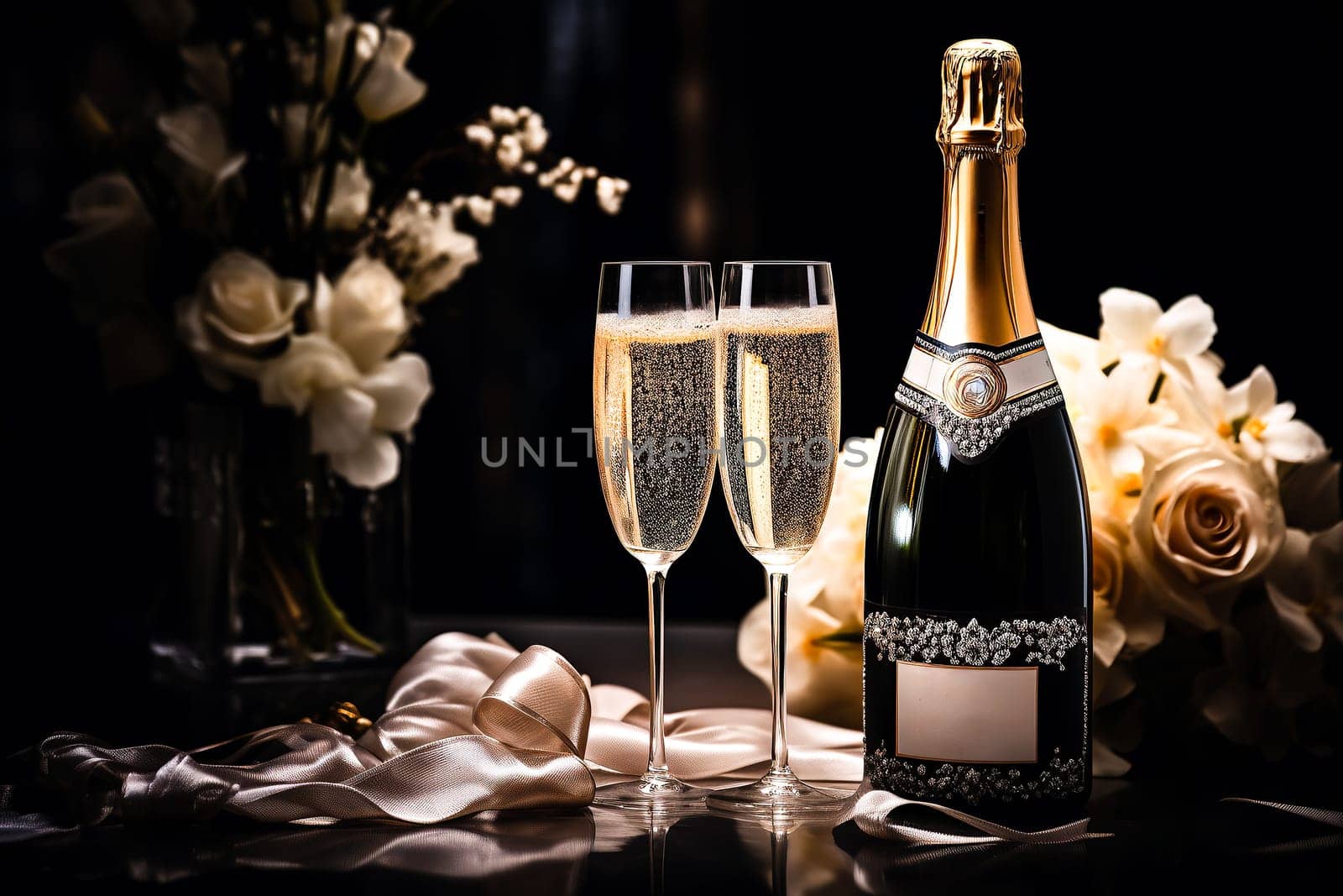Two glasses with a drink, silk pink ribbons and flowers. An elegant celebration with champagne. High-quality photography