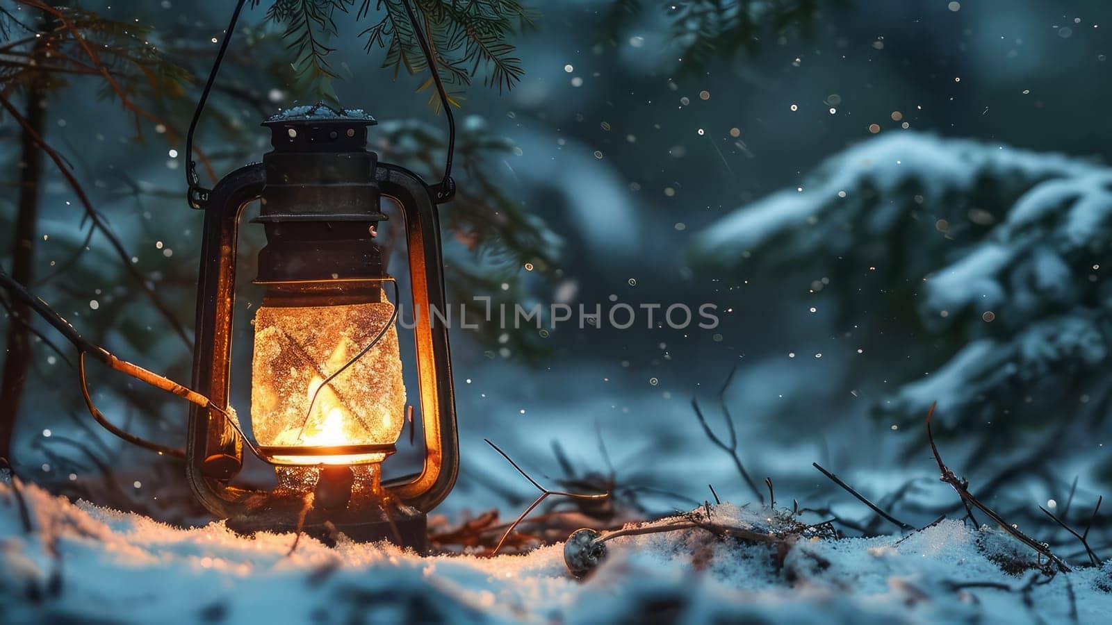 A lantern lit in the snow with a pine tree behind it