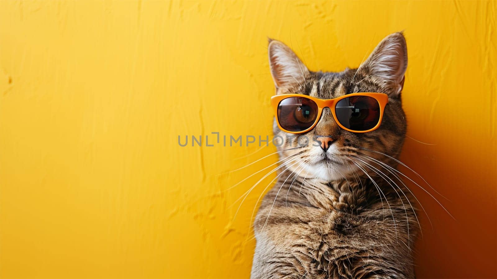 Beautiful Cat in Sunglasses in Orange Frame on Yellow Background, Large Space for Text