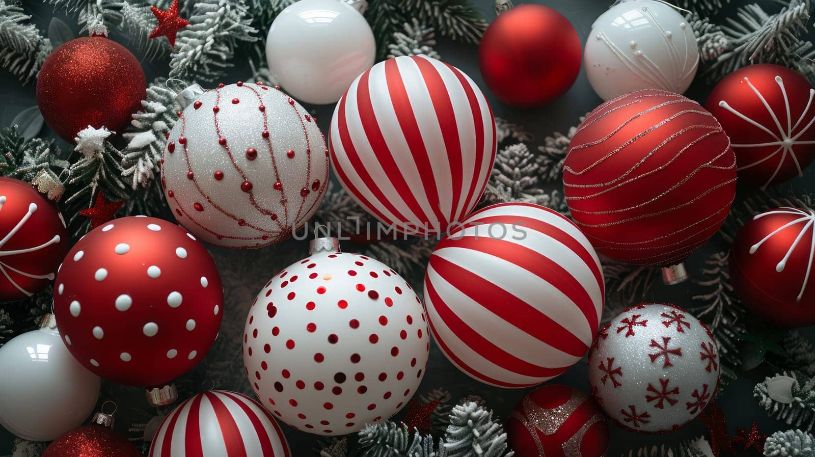 A bunch of red and white christmas ornaments on a tree