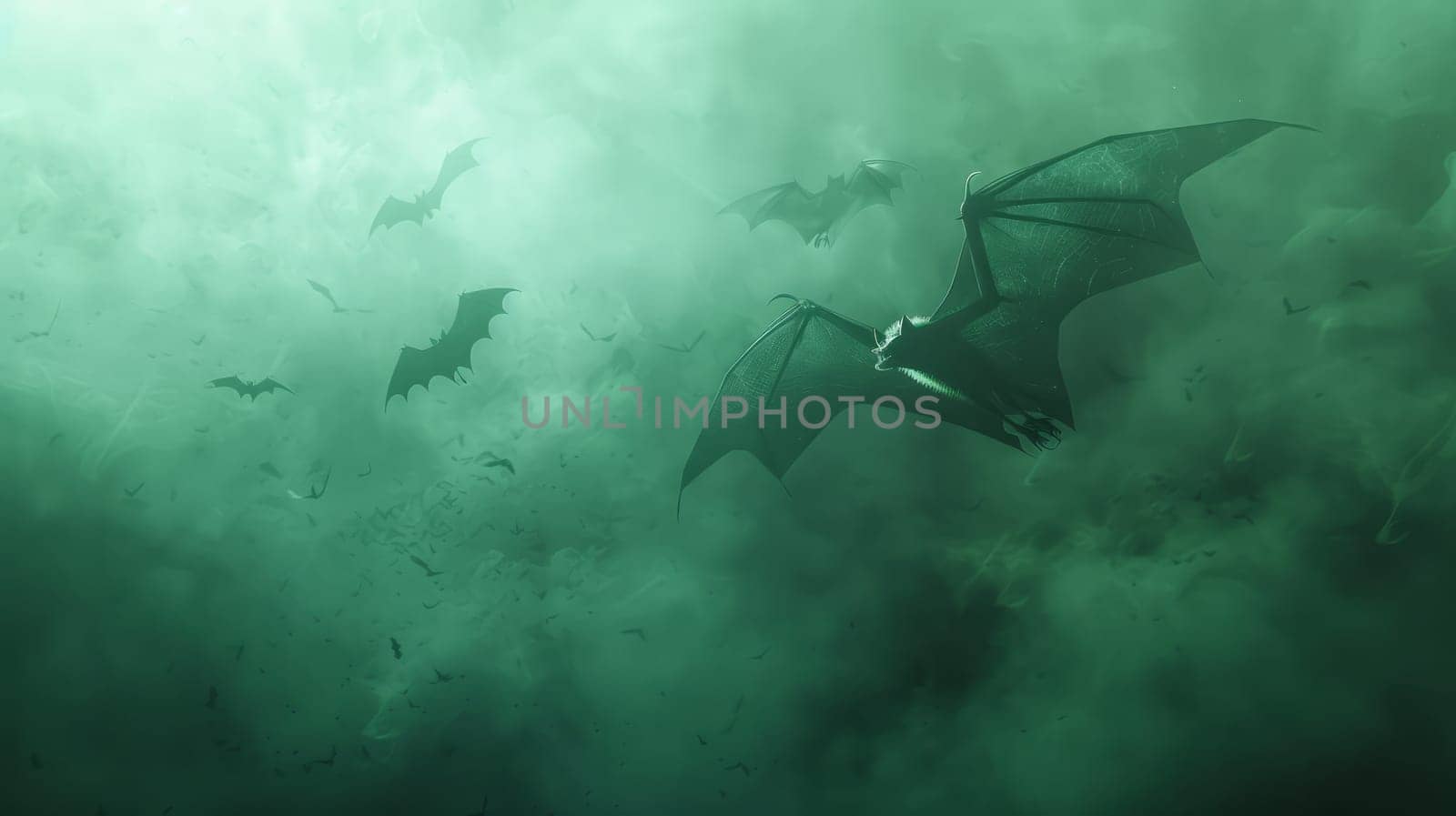 A group of bats flying in the air with green water