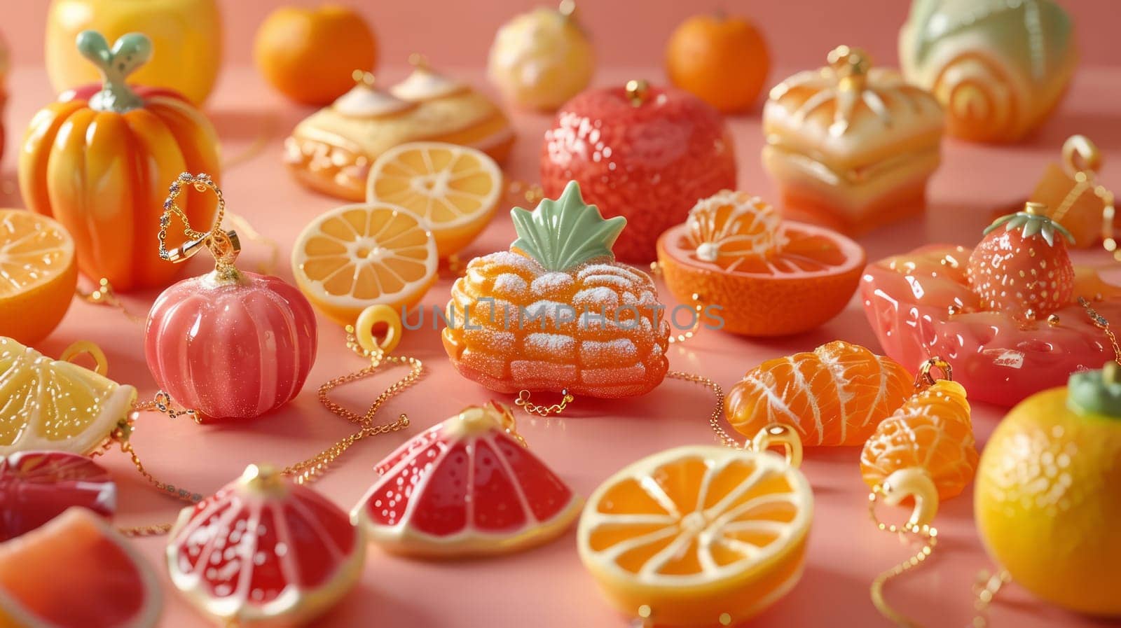 A bunch of different fruits and vegetables are on a pink table