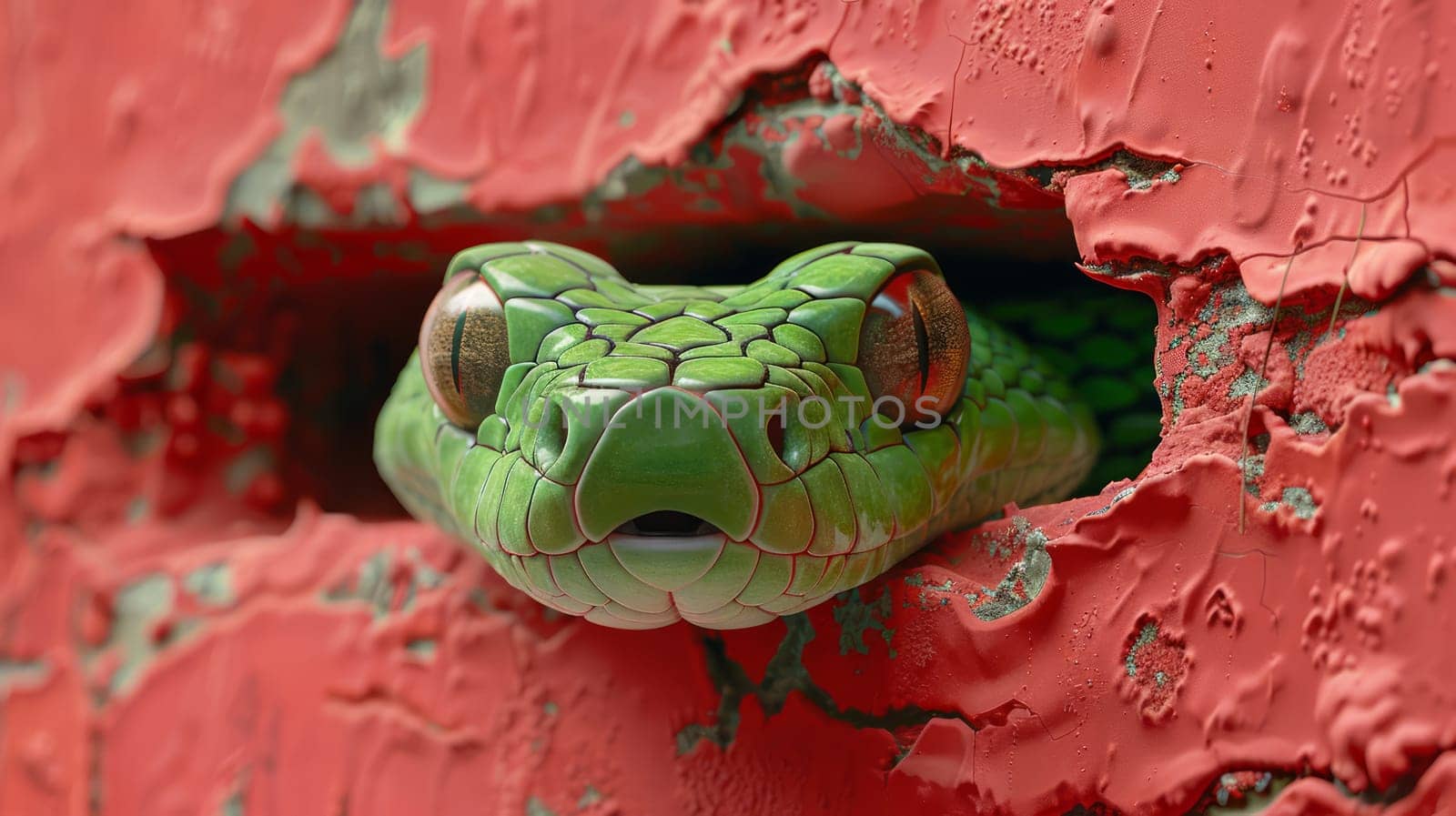 A green snake peeking out of a hole in the wall