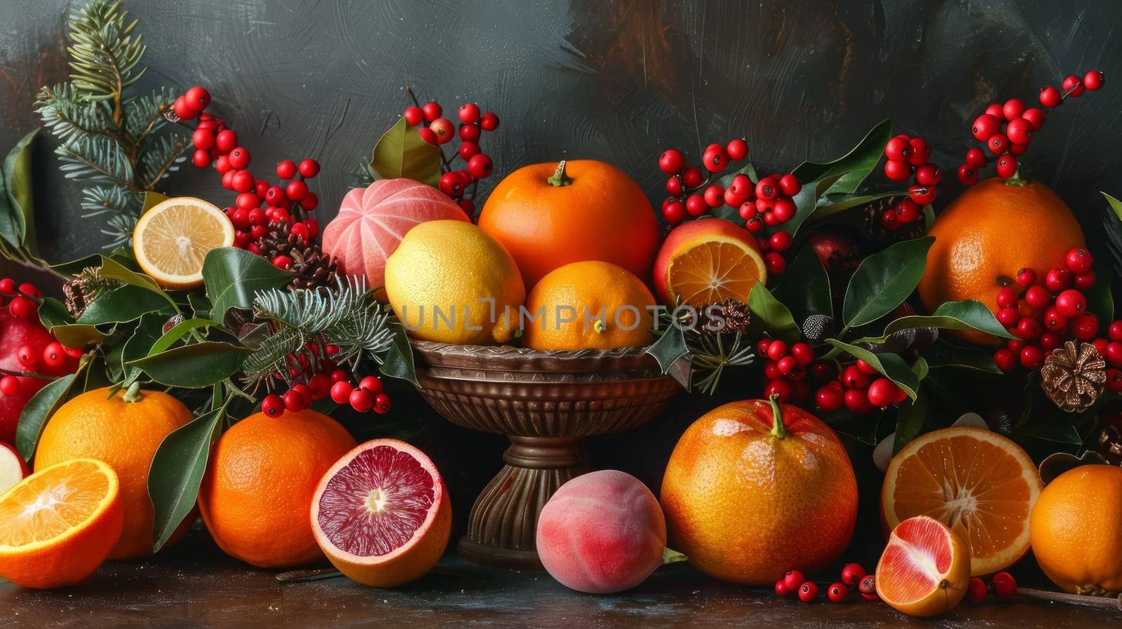A bunch of oranges, lemons and other fruits are displayed in a bowl