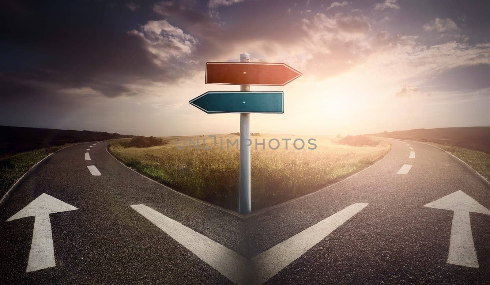 Split road and signpost with arrows showing two different courses, left and right directions for choice. Roadway fork junction, difficult decision concept