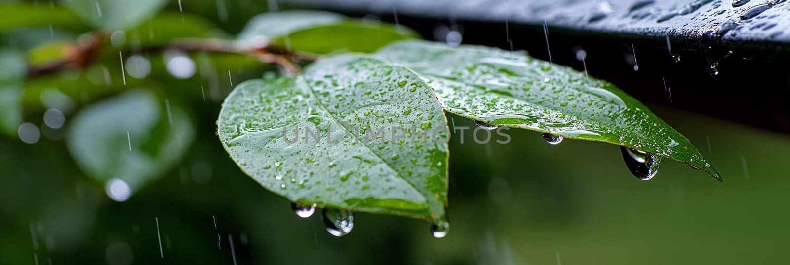 Raindrops glisten on green leaves as rain continues to fall, capturing the freshness of nature during rainfall.