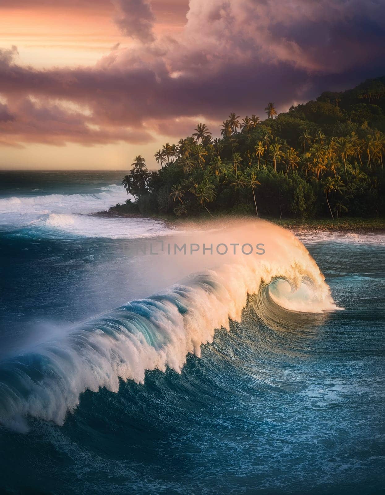 Tsunami wave coming towards shoreline of a tropical island. Weather disasters caused by the global climate change. Environmental problem concept.