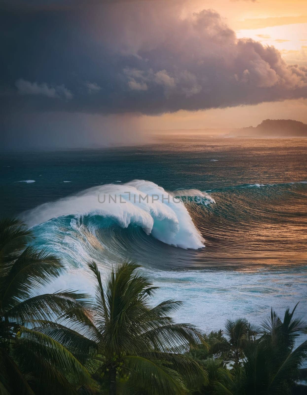 Tsunami wave coming towards shoreline of a tropical island. Hurricane approaching the coast with dark rain clouds covering the sunset light