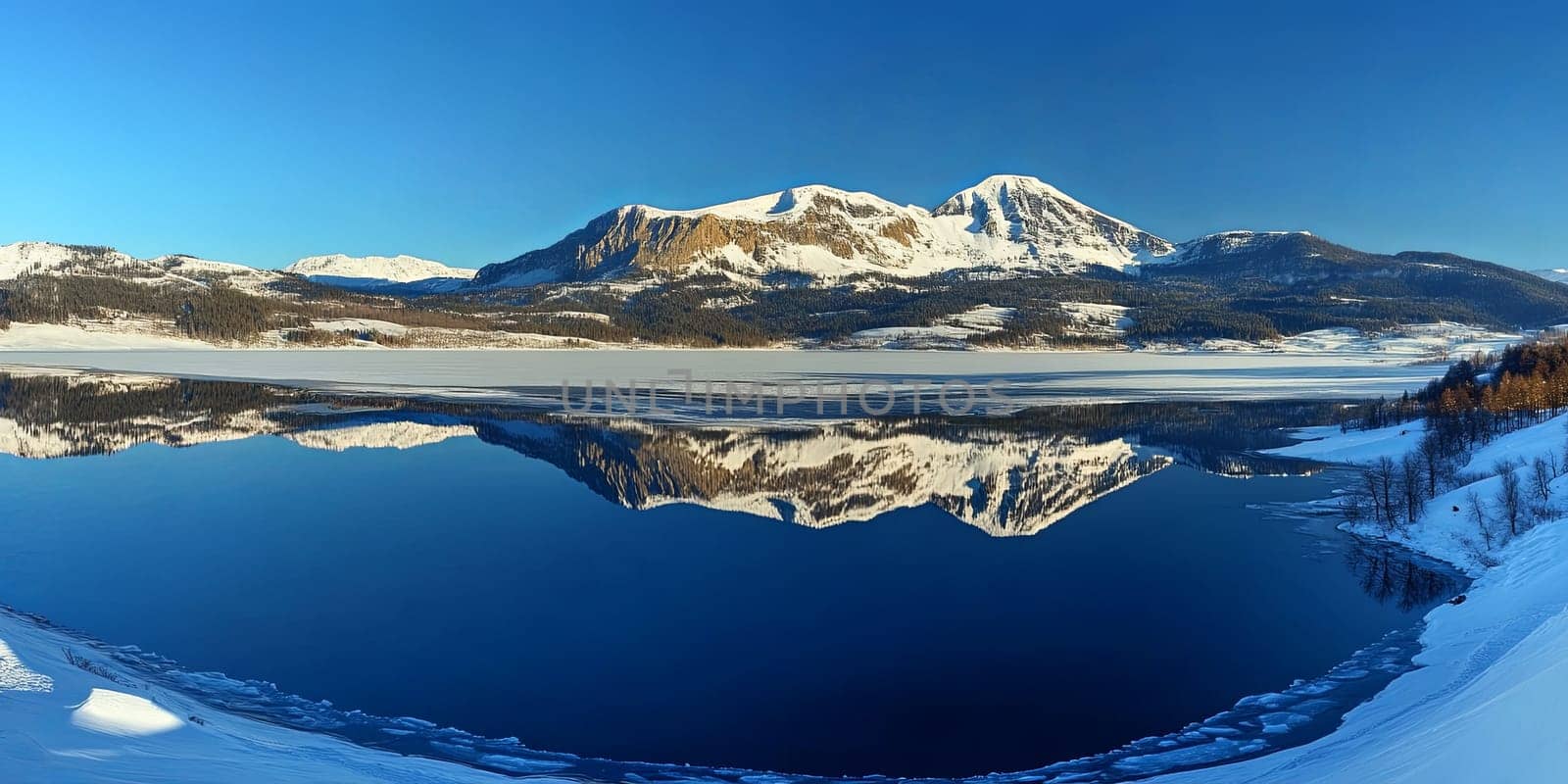 A panoramic view of snow-capped mountains perfectly reflected in the calm waters of a lake under a clear blue sky.outdoor adventure content, and scenic wallpapers.