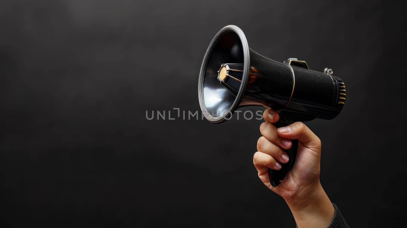 A person holding a megaphone in their hand against black background