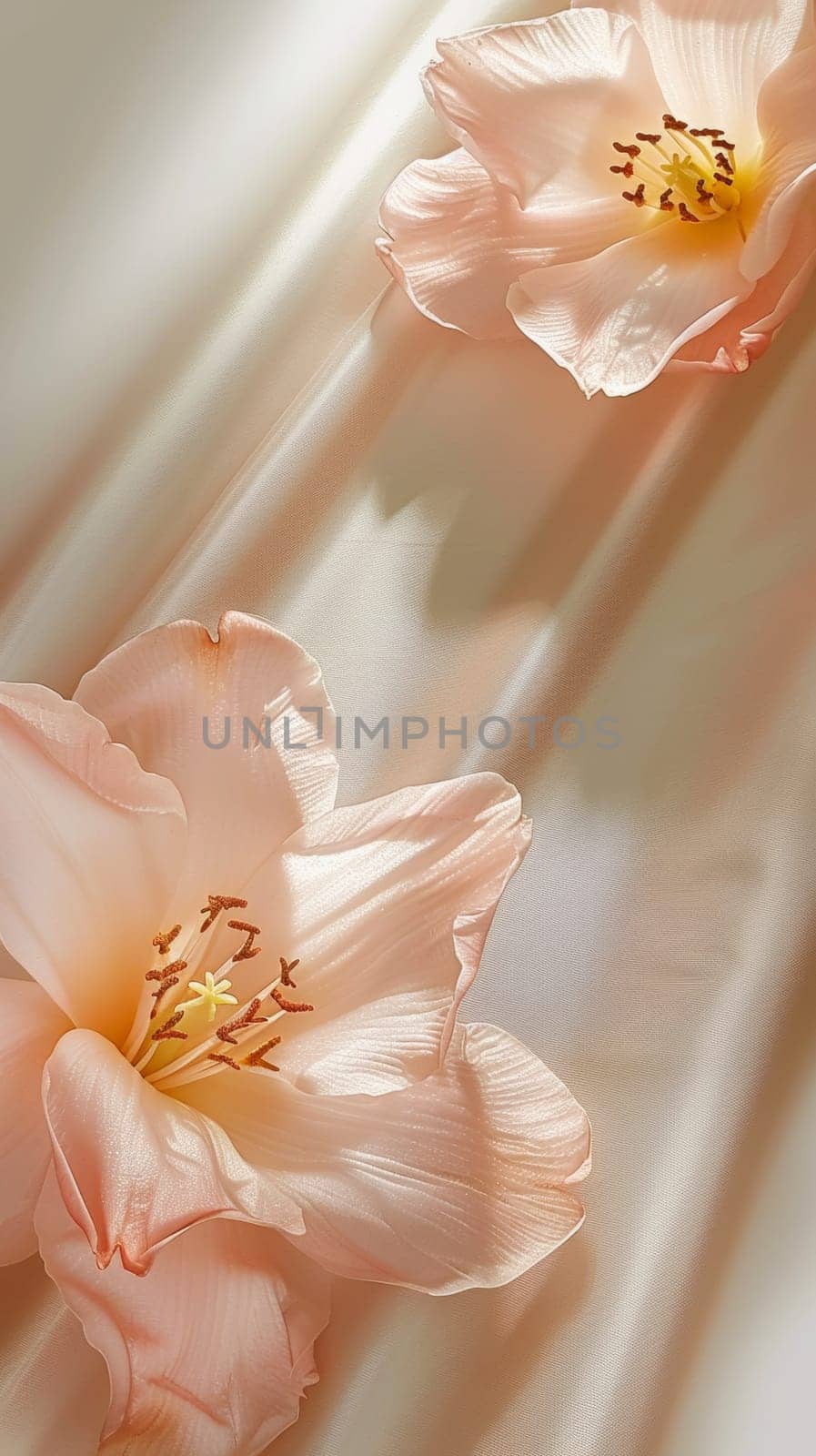 Delicate pink flowers on soft, shiny satin fabric with soft shadows falling on the scene, evoking elegance and tranquility.