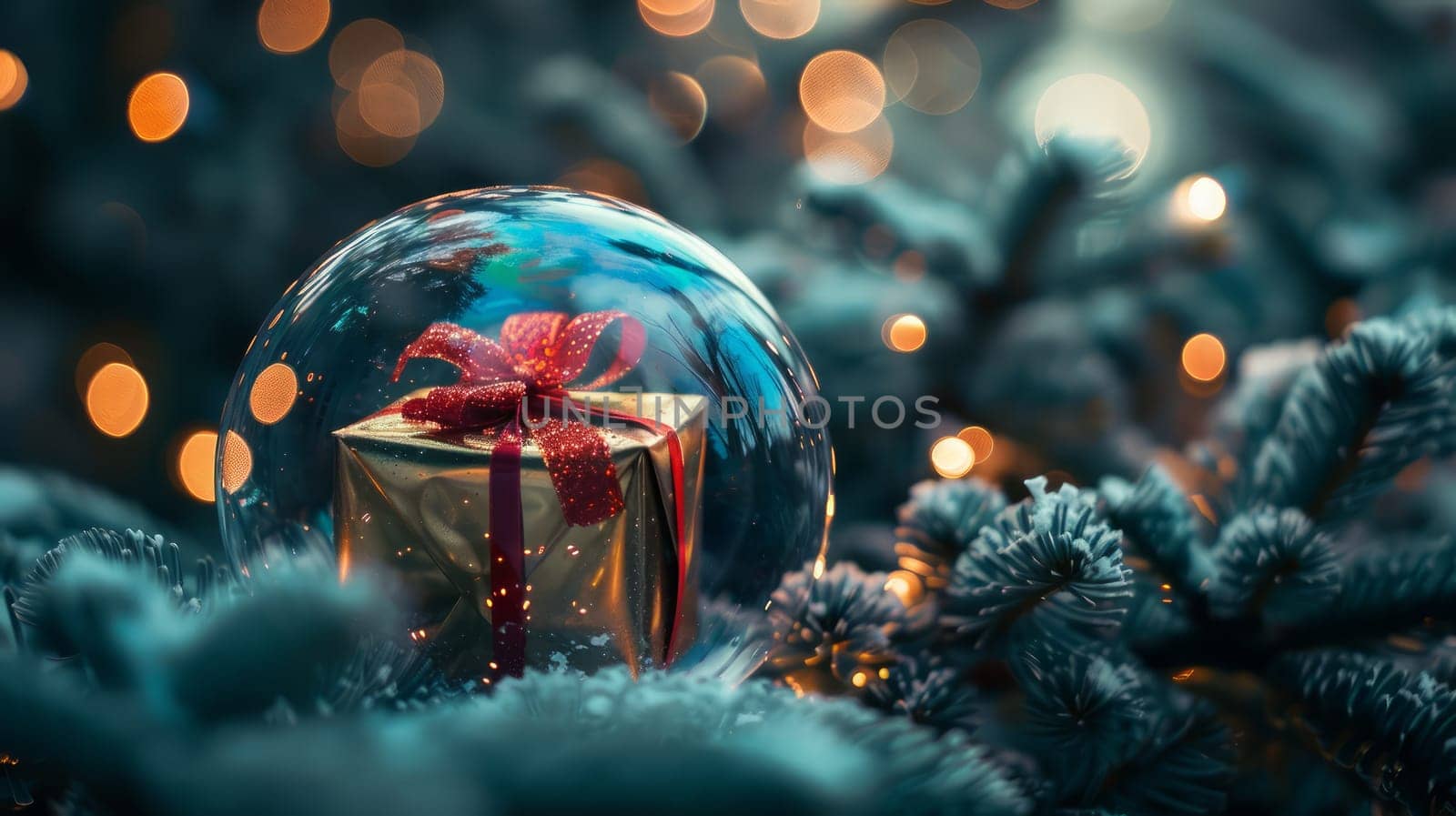 A gift wrapped in a glass ball with red ribbon on it