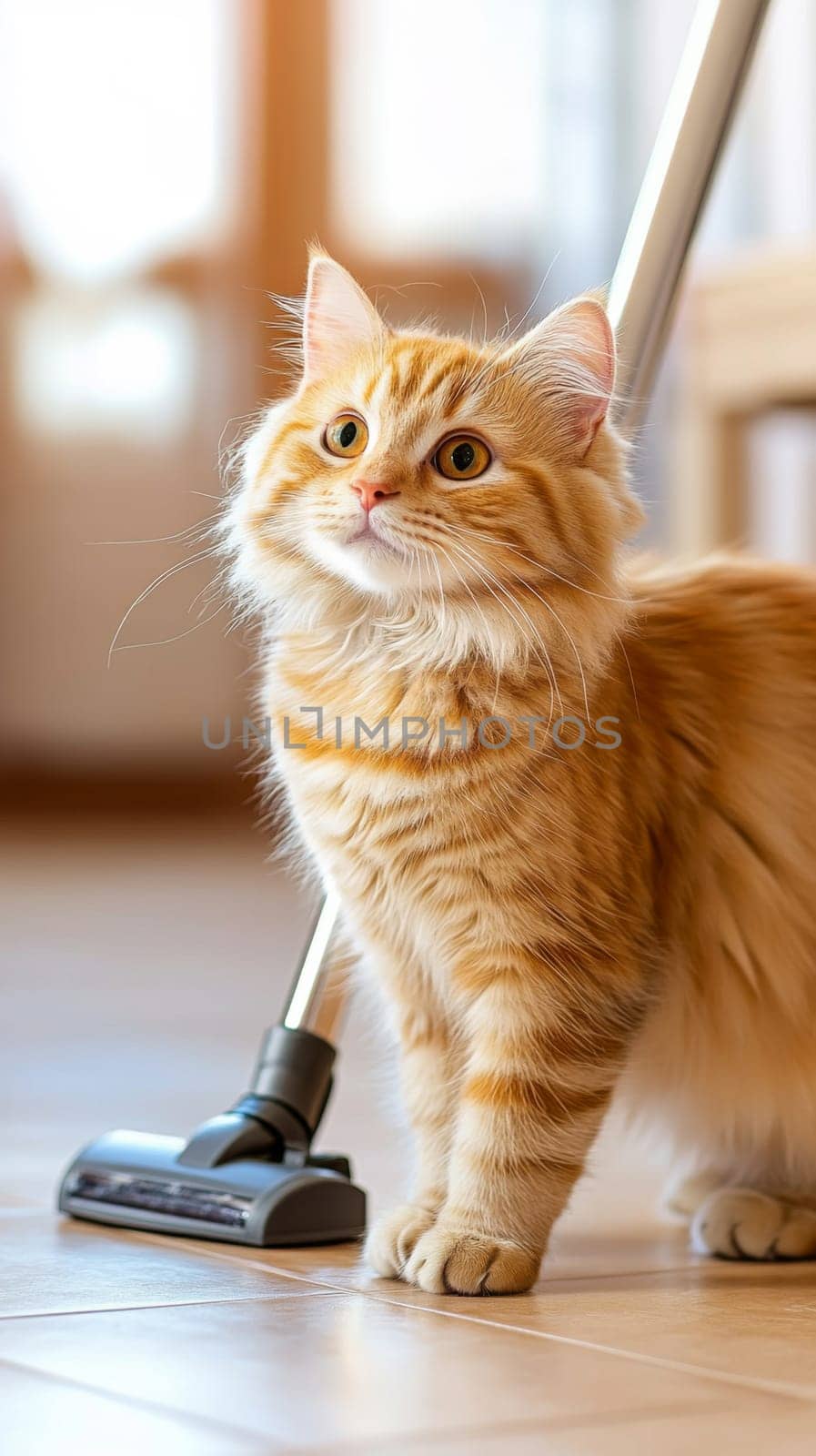Cute ginger tabby cat standing near vacuum cleaner indoors, looking up curiously. Bright background and soft lighting.