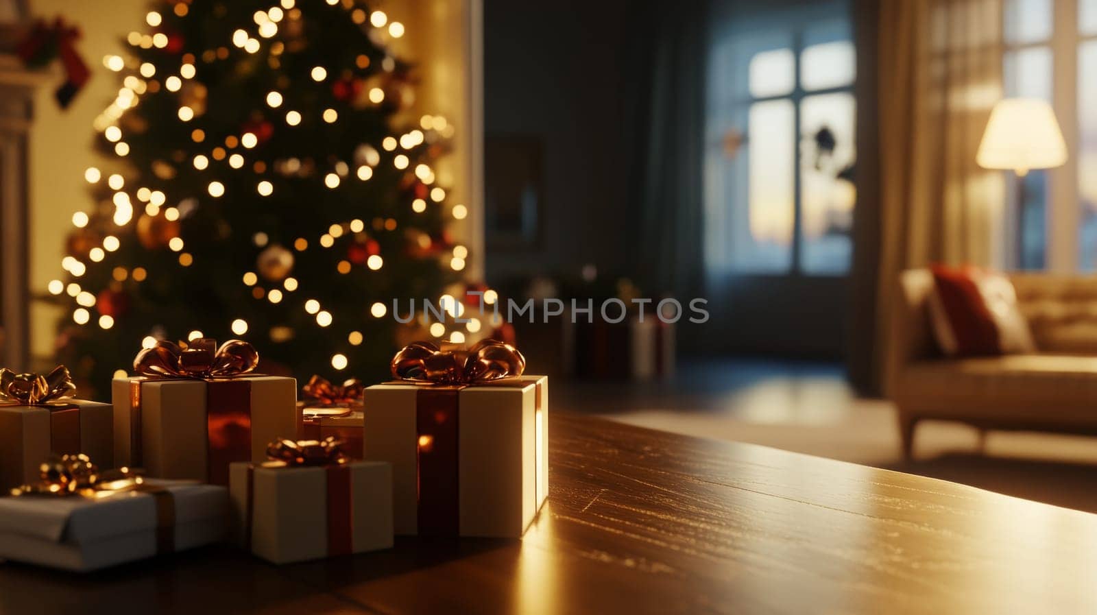 Wrapped Christmas presents with golden ribbons sit on a table, with a beautifully lit tree and cozy living room in the background