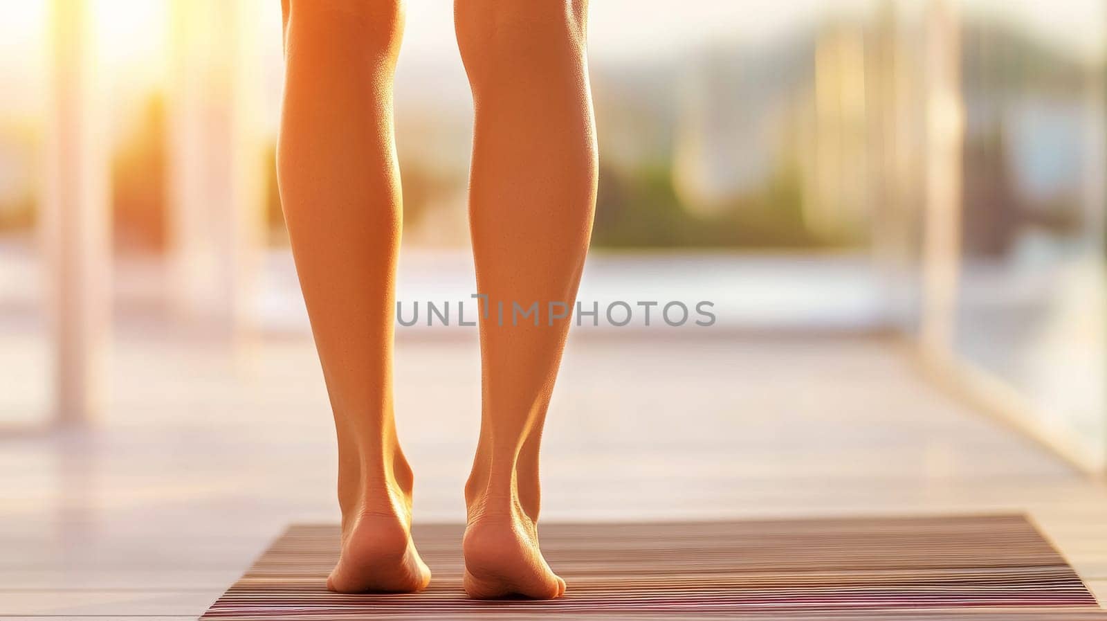 Close-up of bare feet on a yoga mat with soft morning sunlight streaming through large windows, creating a serene and calm atmosphere.