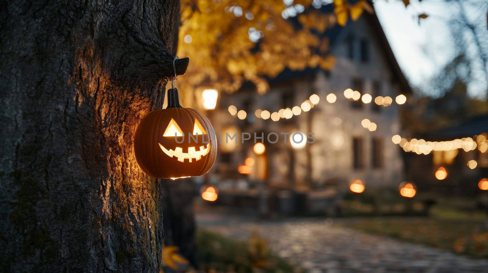 A carved Jack-o-lantern with a glowing face hangs on a tree in a festive yard, illuminated by string lights, celebrating Halloween at dusk.