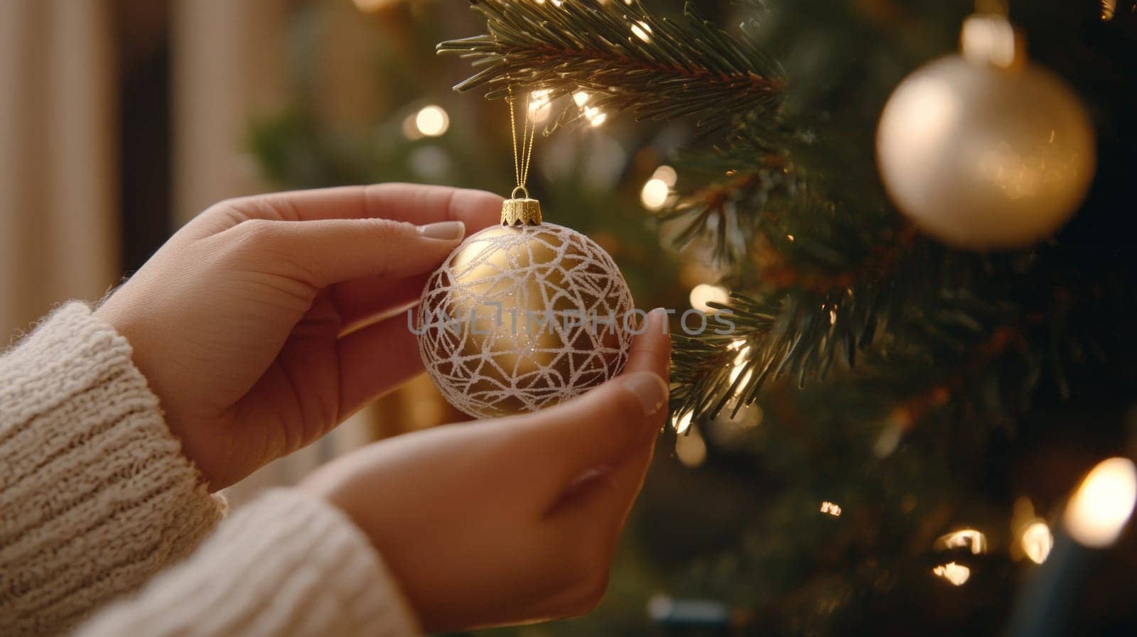 A close-up of a hand placing a golden ornament on a decorated Christmas tree, with twinkling lights and soft candlelight in the background.