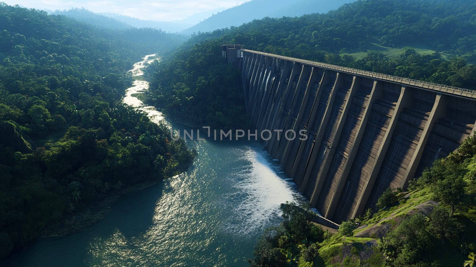 A massive hydroelectric dam releases water into a winding river surrounded by dense forest and rolling hills, creating a striking contrast between nature and infrastructure.