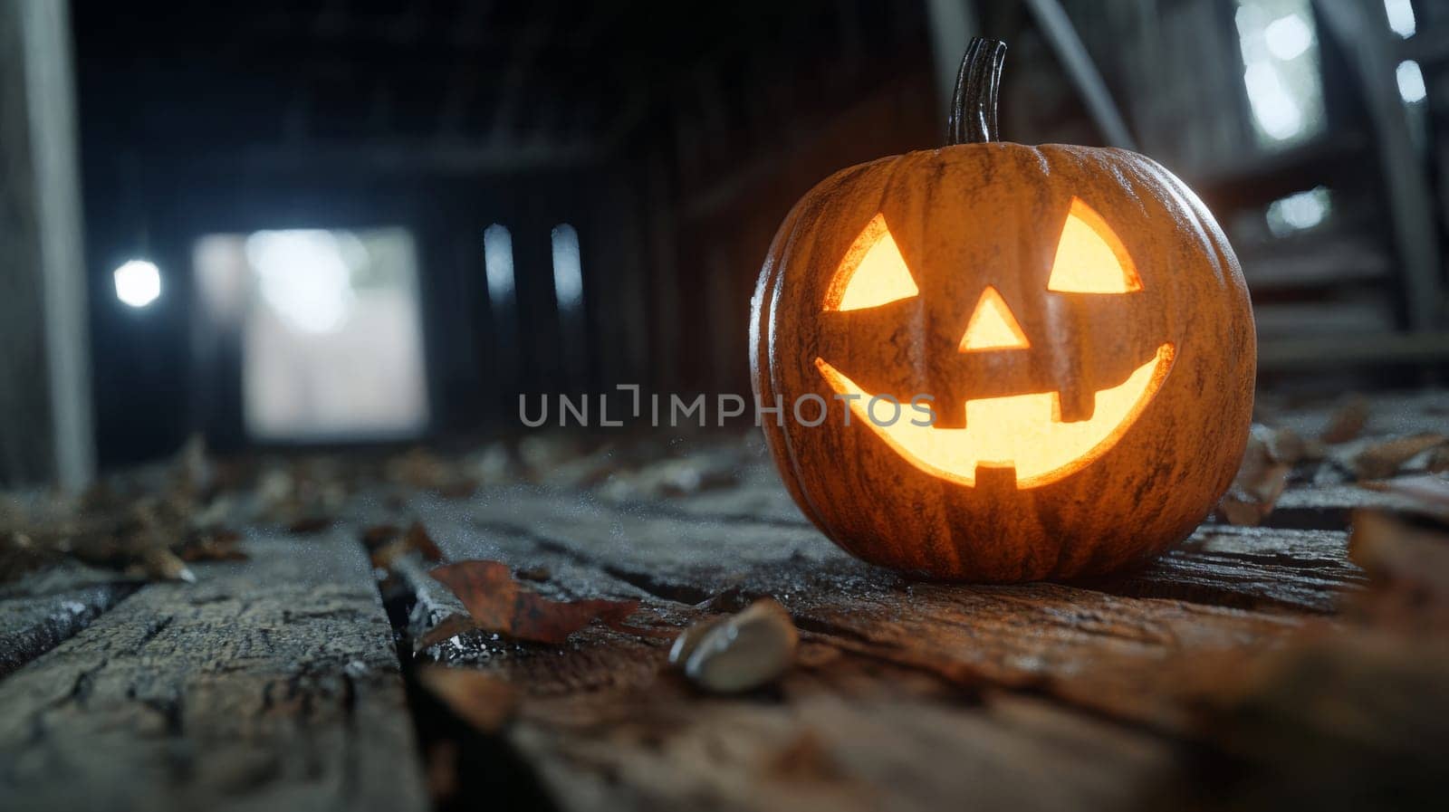 Glowing jack-o-lantern on rustic wood floor in barn surrounded by fall leaves creating a Halloween vibe.