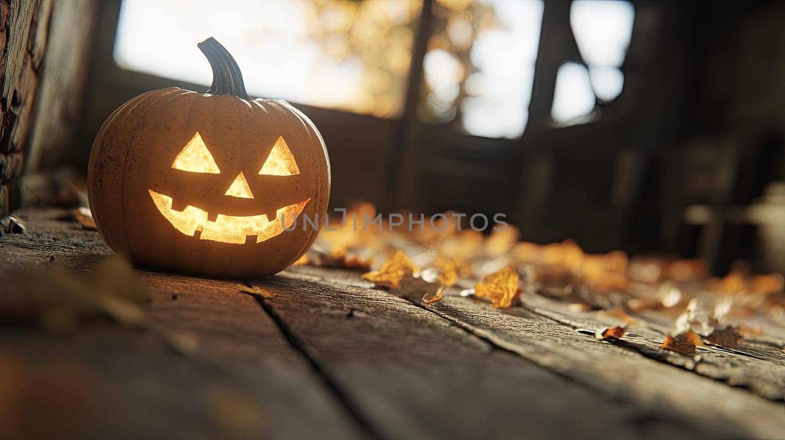 A glowing jack-o'-lantern sits on a rustic wooden floor surrounded by autumn leaves, creating a warm Halloween ambiance.