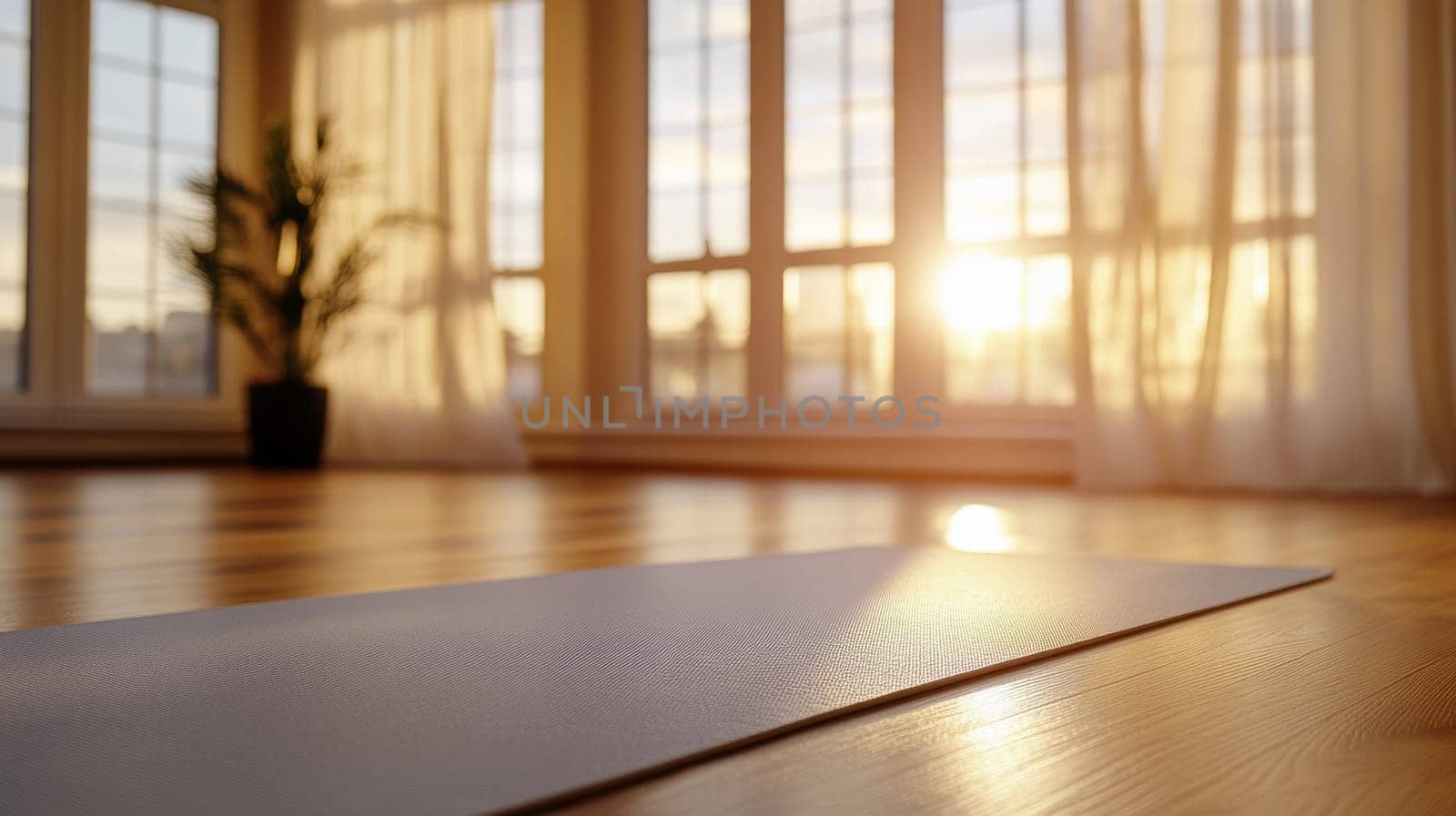 A yoga mat is placed on a wooden floor in a sunlit room, soft sunlight streaming through the large windows. calm, serene atmosphere.