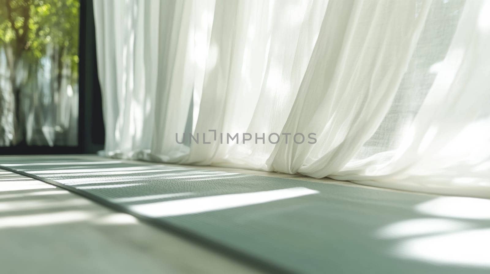 Soft sunlight filters through white curtains onto a yoga mat in a quiet room, creating a calming, relaxing atmosphere.