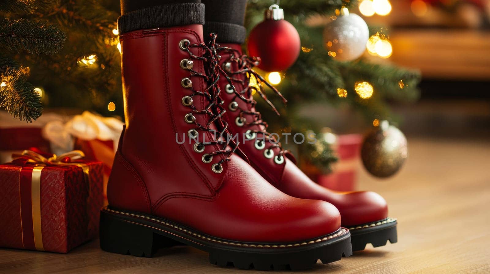 Someone in a A pair of red leather boots standing next to a Christmas tree surrounded by decorations and wrapped gifts. festive atmosphere.