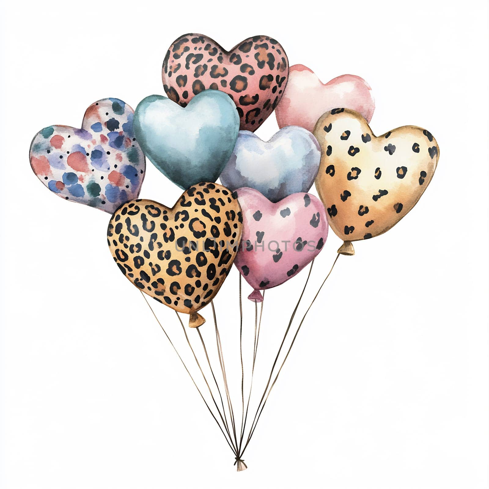 A bunch of heart-shaped balloons in diverse colors and patterns gently floats, perfect for adding a festive touch to any occasion.