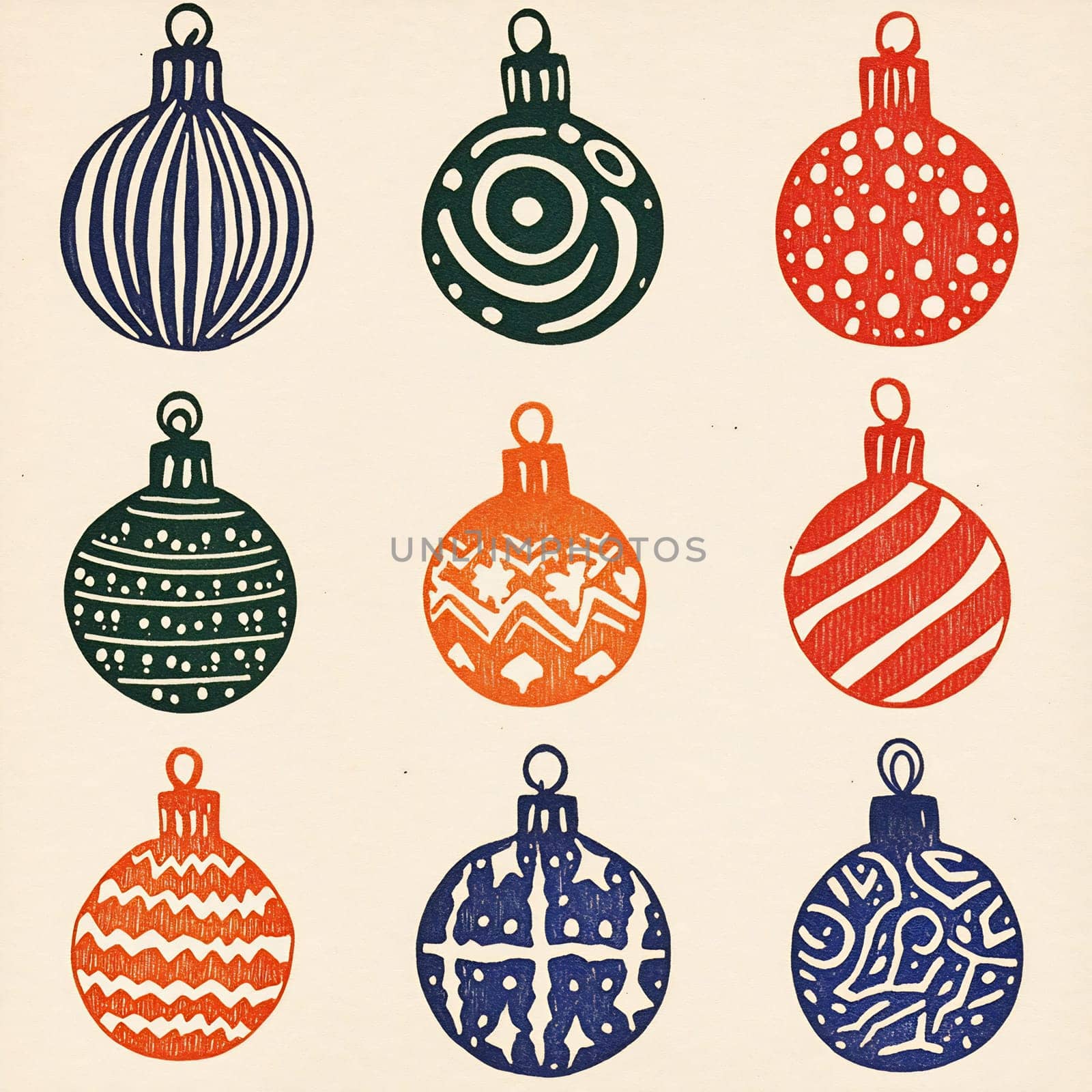Decorative ornaments in vibrant colors and unique patterns are arranged in a grid, perfect for seasonal festivities and decorations.