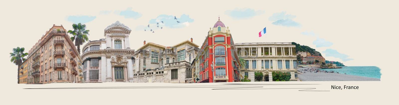 Antique houses in Nice, France, Europe. Cozy European town on French Riviera. Mediterranean chic. Vintage touristic postcard. Art collage or design