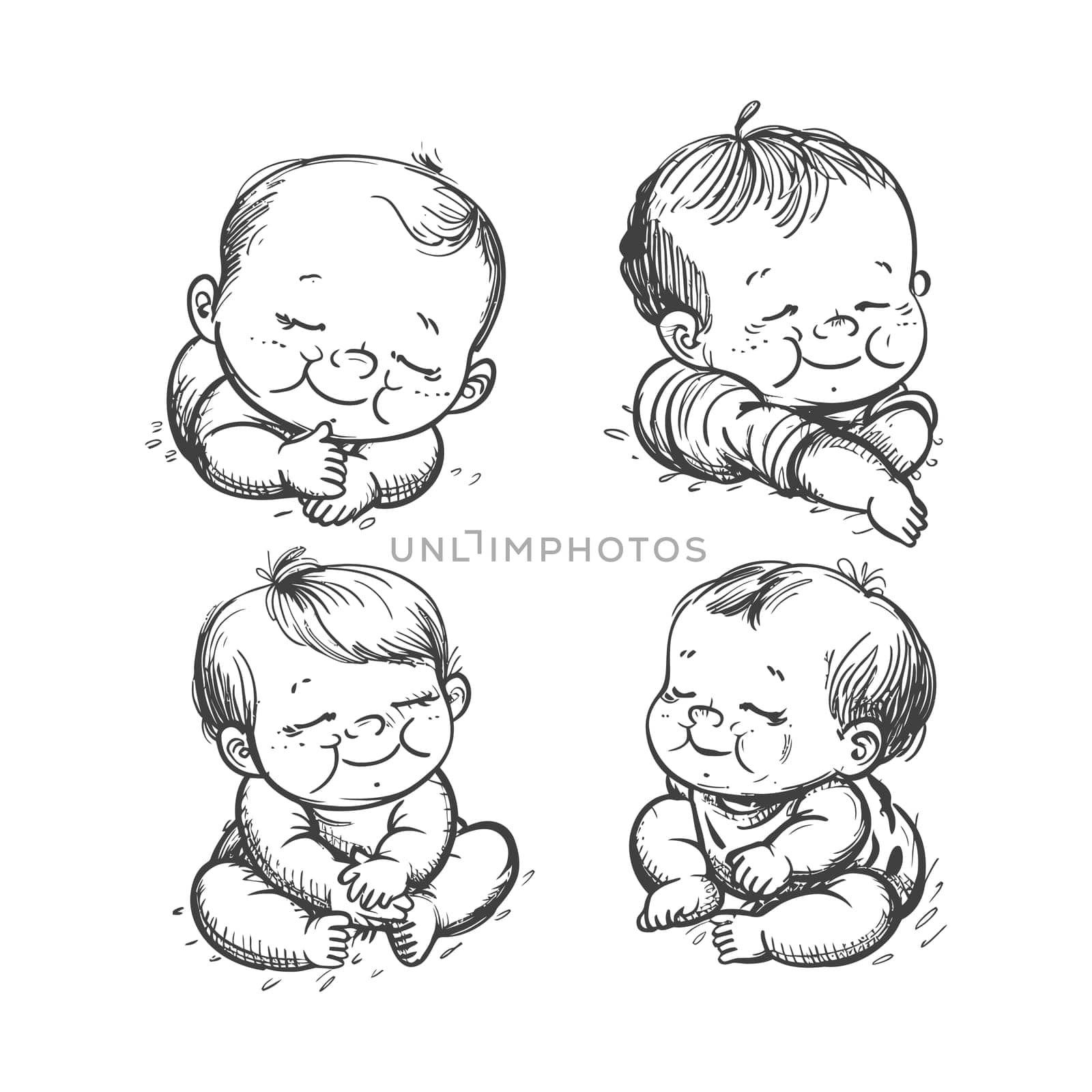 Four Sketches of Adorable Smiling Babies in Different Poses