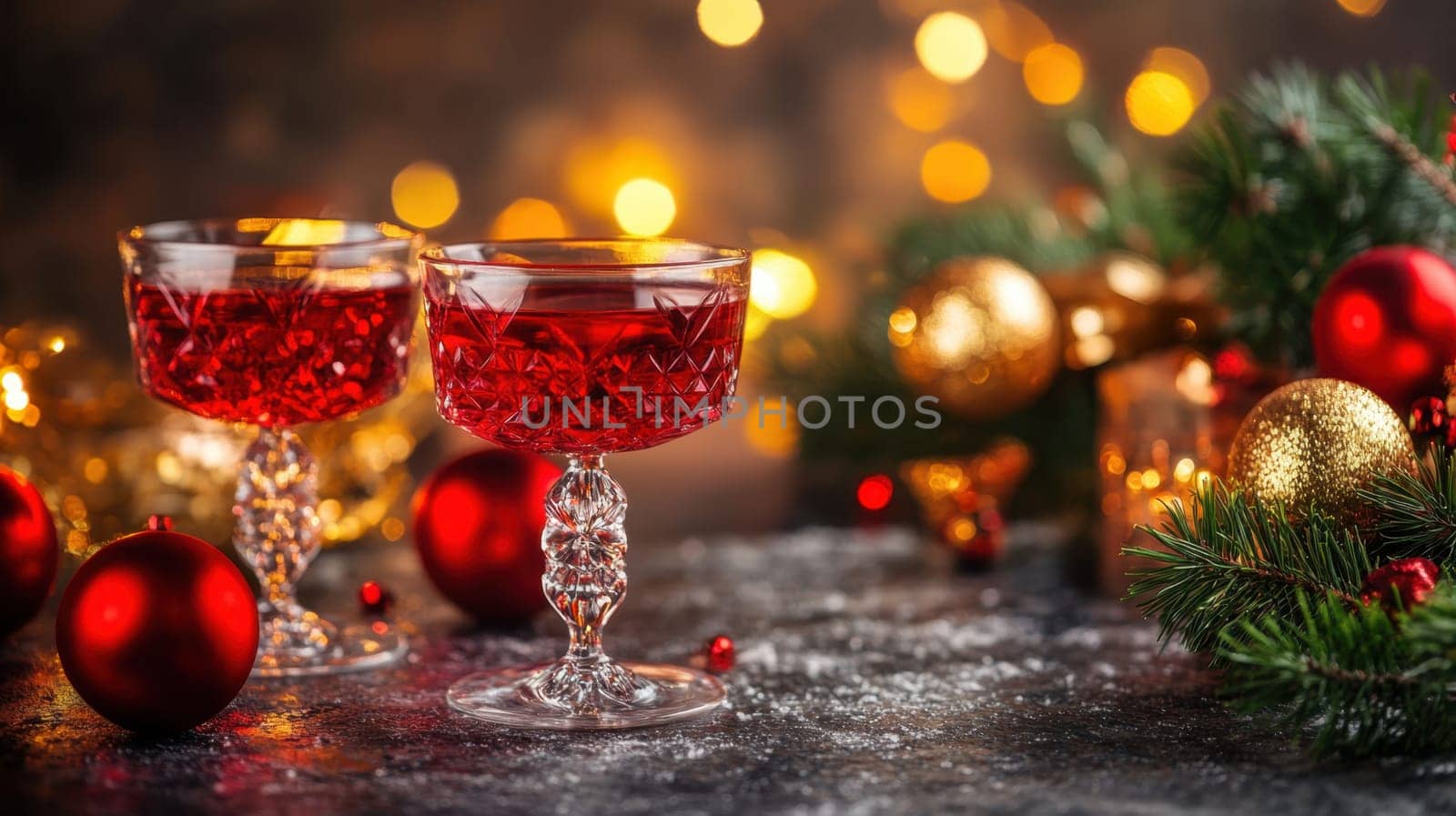 Two elegant glasses filled with red cocktails are surrounded by holiday ornaments and twinkling lights creating a cozy festive atmosphere.