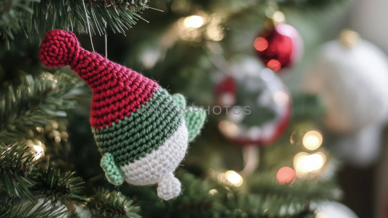 A colorful knitted ornament with a festive hat decorates a Christmas tree surrounded by twinkling lights and other decorations.