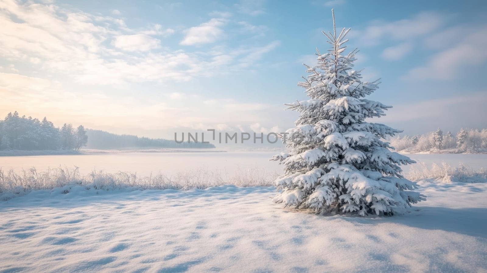 A lone tree blanketed in snow stands in a peaceful winter landscape near a frozen lake under a soft blue sky.