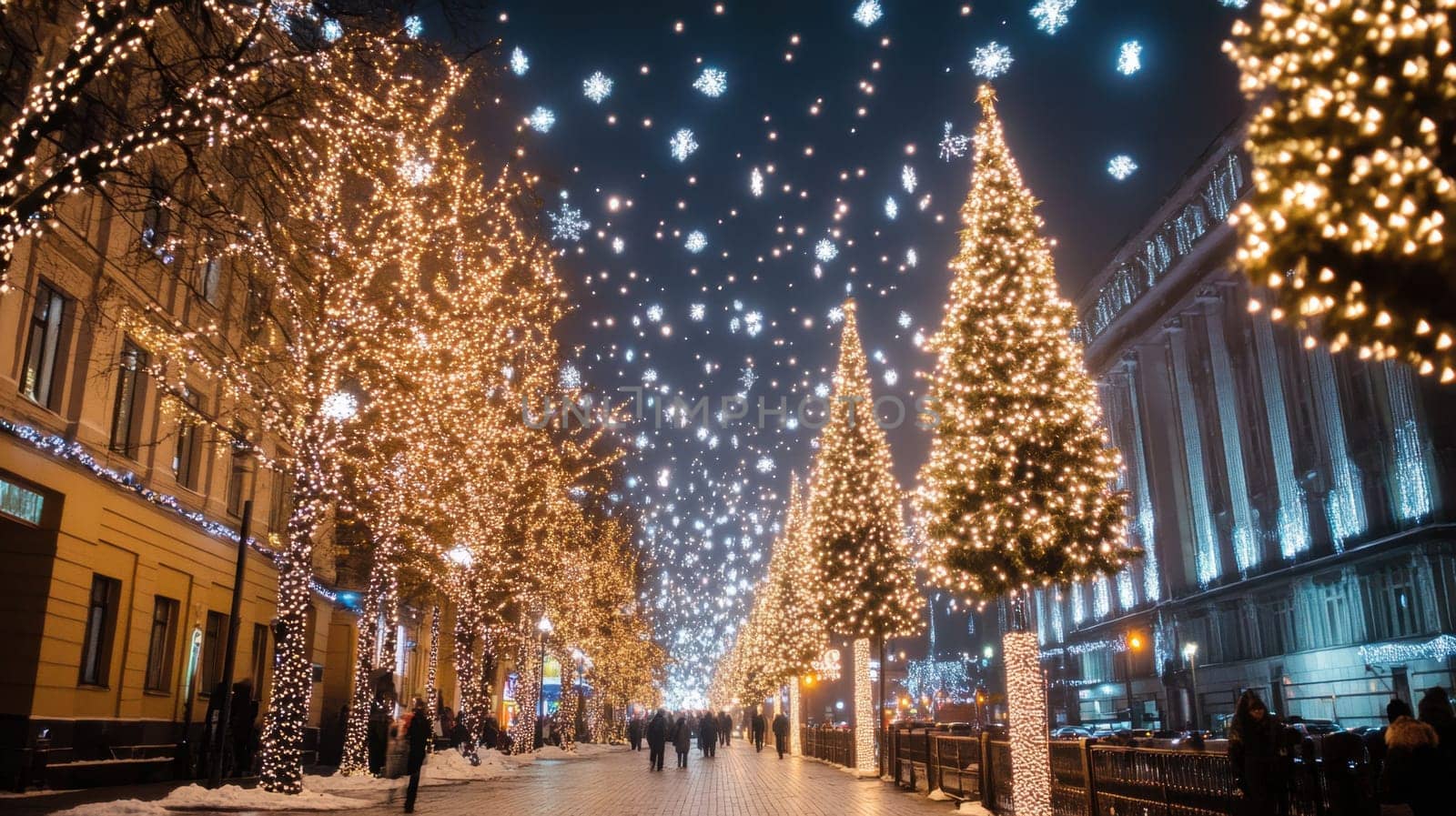 A beautifully decorated street comes alive at night with sparkling lights and snowflakes creating a magical winter atmosphere.