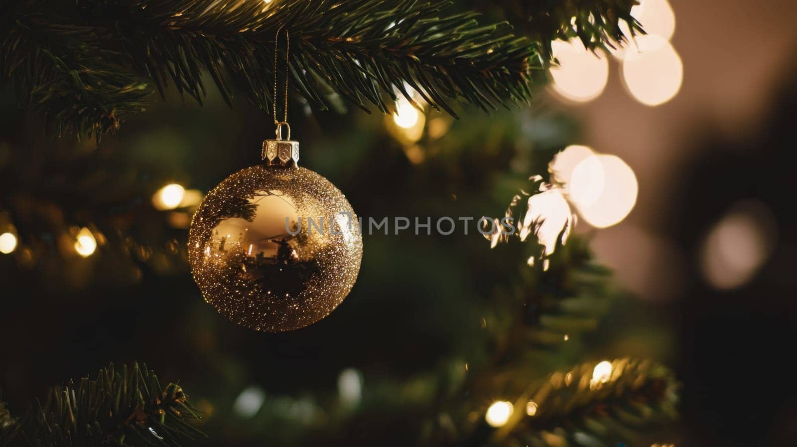A sparkling golden ornament is elegantly hanging from a Christmas trees branch illuminated by warm glowing lights during the festive season.